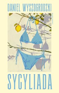 Czarno-biała ilustracja sycylijskiego klifu nad morzem z kieliszkiem wina – grafika do recenzji "Sycyliady" Daniela Wyszogrodzkiego