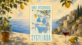kolorowa pastelowa ilustracja sycylijskiego klifu nad morzem z kieliszkiem wina – grafika do recenzji "Sycylia