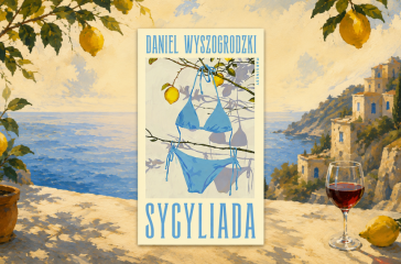 kolorowa pastelowa ilustracja sycylijskiego klifu nad morzem z kieliszkiem wina – grafika do recenzji "Sycylia